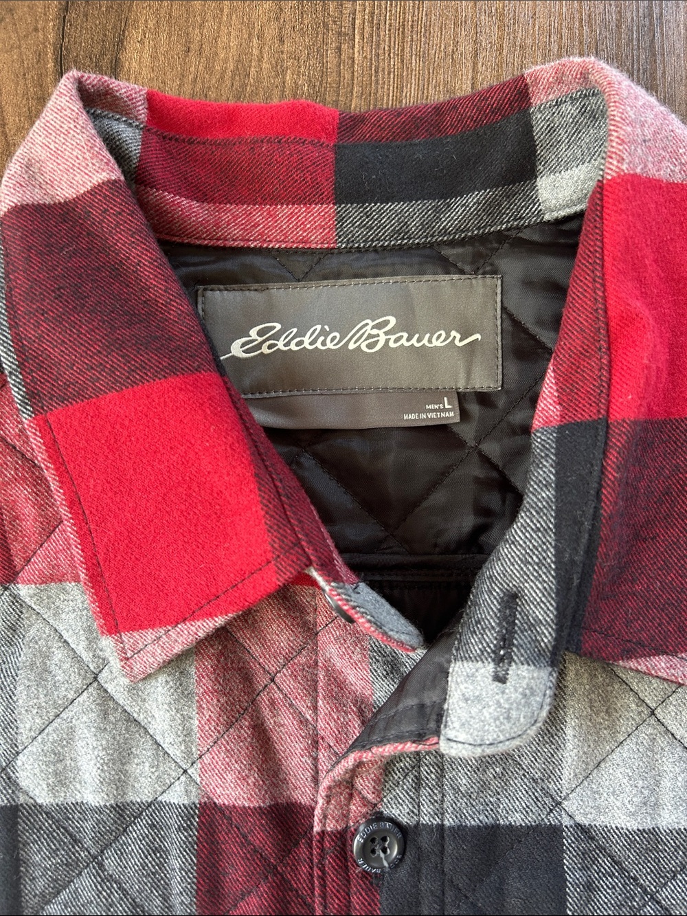 Eddie Bauer Red Black Gray Quilted Plaid Shirt Jacket - Picture 2 of 7